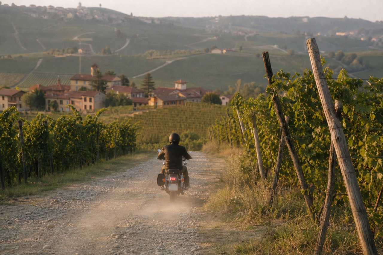 Rider on a pedal-assist e-bike rolling along a quiet vineyard lane in the Langhe hills.