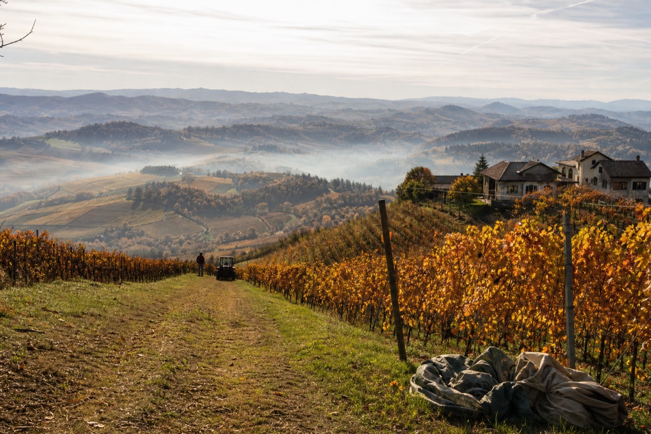 Rows of Nebbiolo vines on a Langhe hillside in autumn.