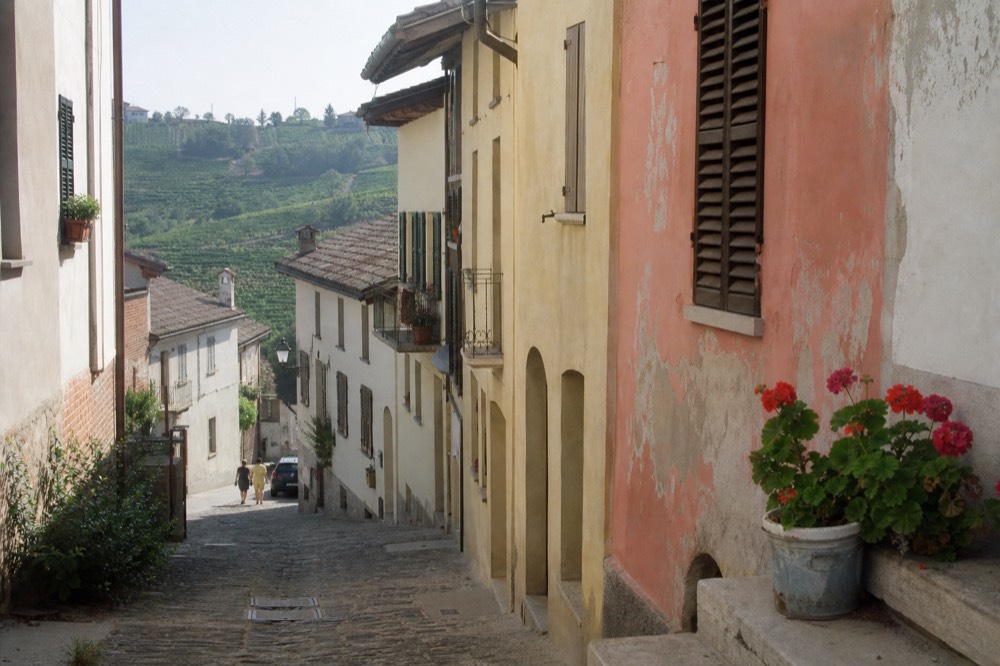 Narrow village street with stone buildings above vineyard slopes.