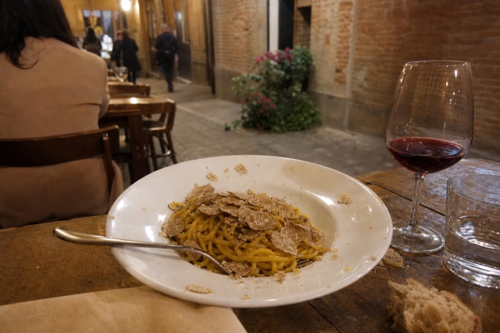 A plate of tajarin with white truffle.