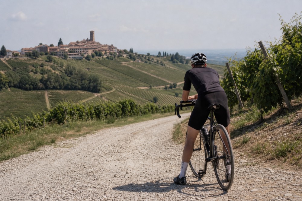 E-bike on a vineyard road near Barbaresco.