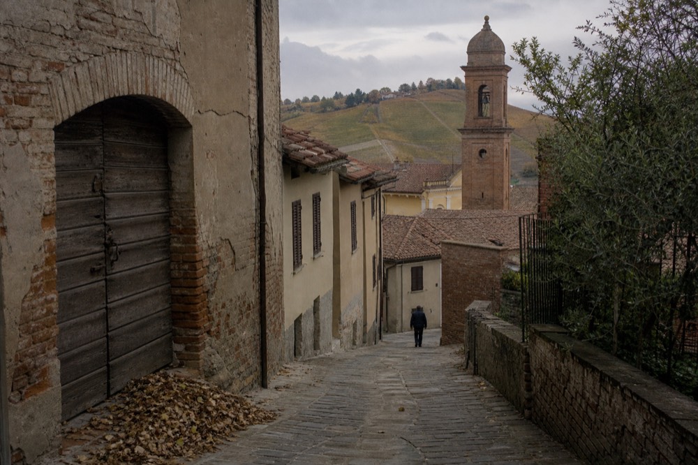 Stone lanes and a bell tower in a small hill village among hazelnut rows.