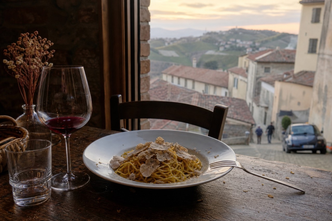 A plate of fresh tajarin pasta shaved with white truffle on a rustic wooden table in the Langhe.