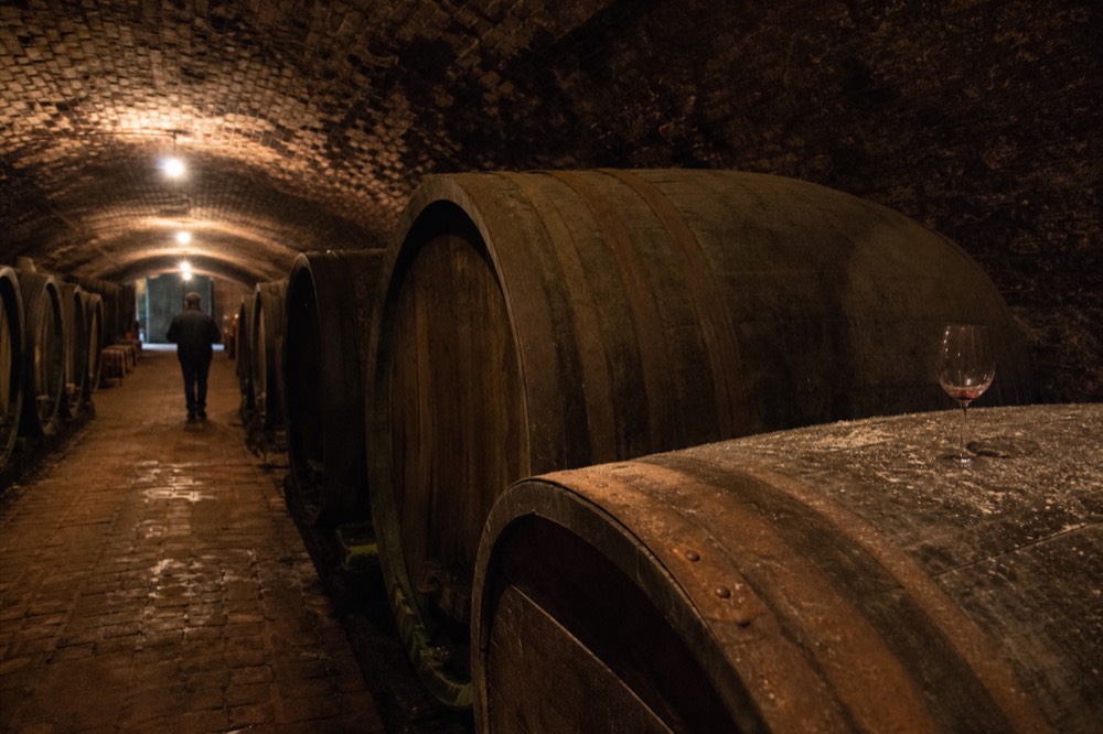 A cellar of large oak barrels in a Piedmont wine estate.