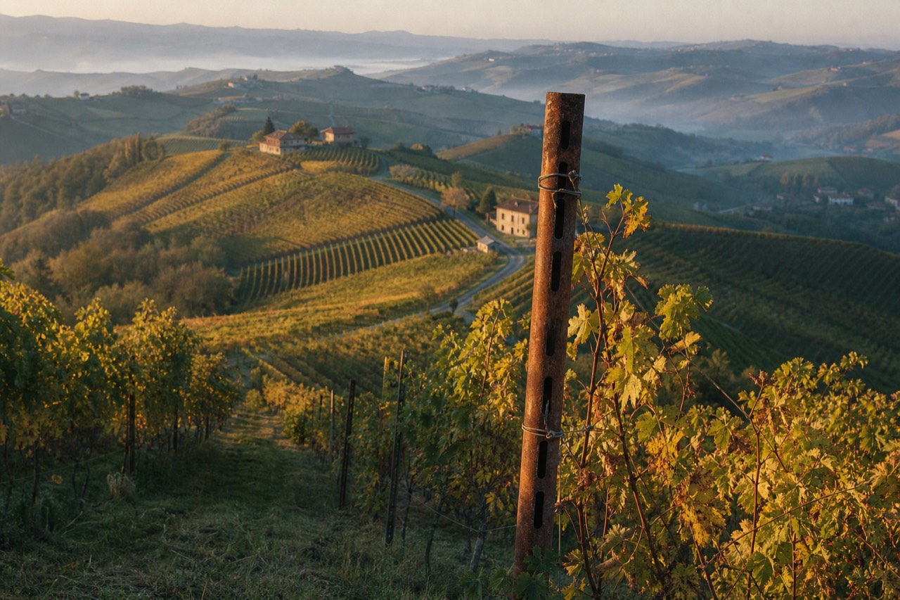 Vineyard-covered hills of the Langhe near Barolo at golden hour.