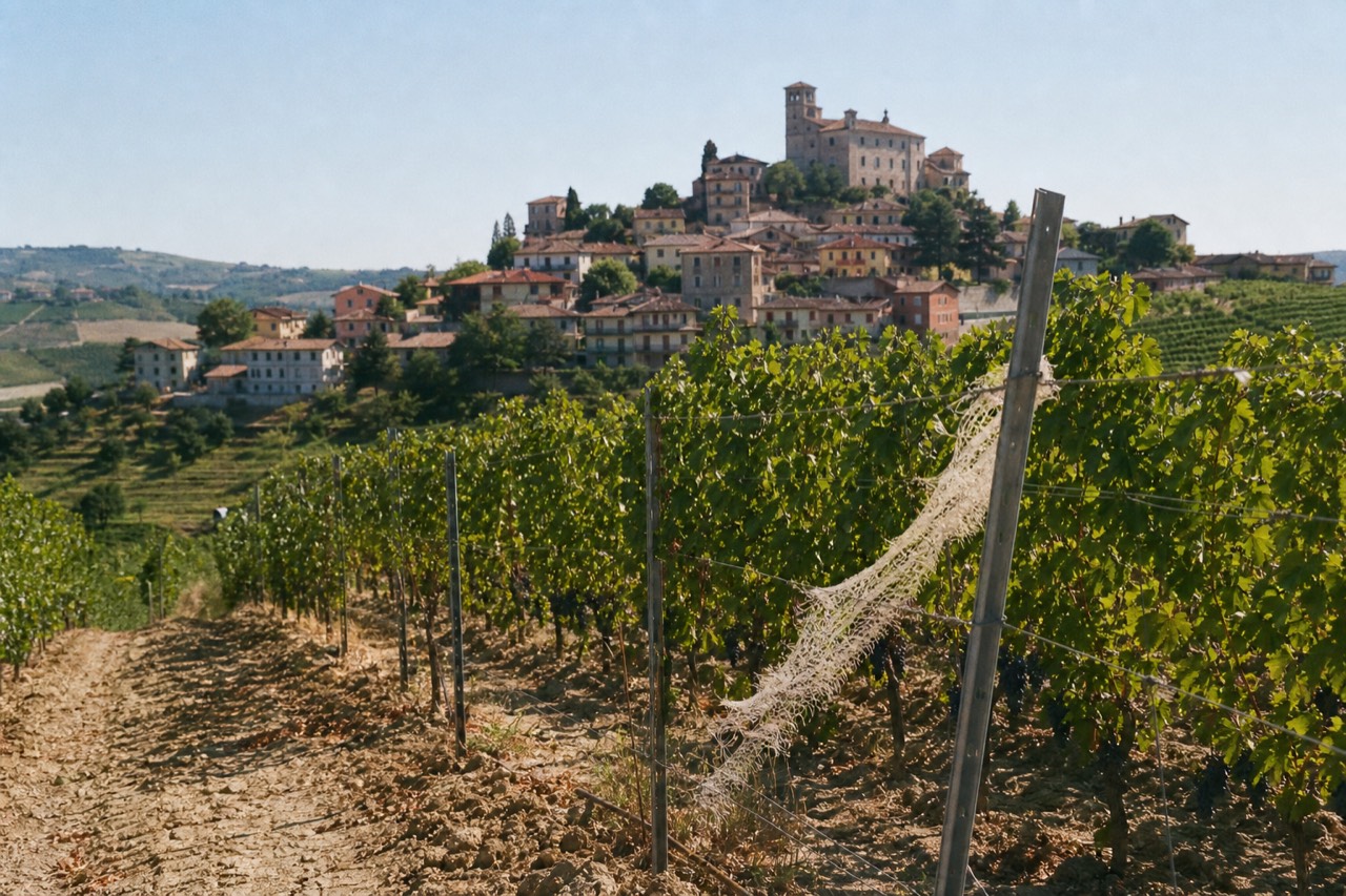 Rows of Nebbiolo vines on a Langhe hillside above the village of Barolo.