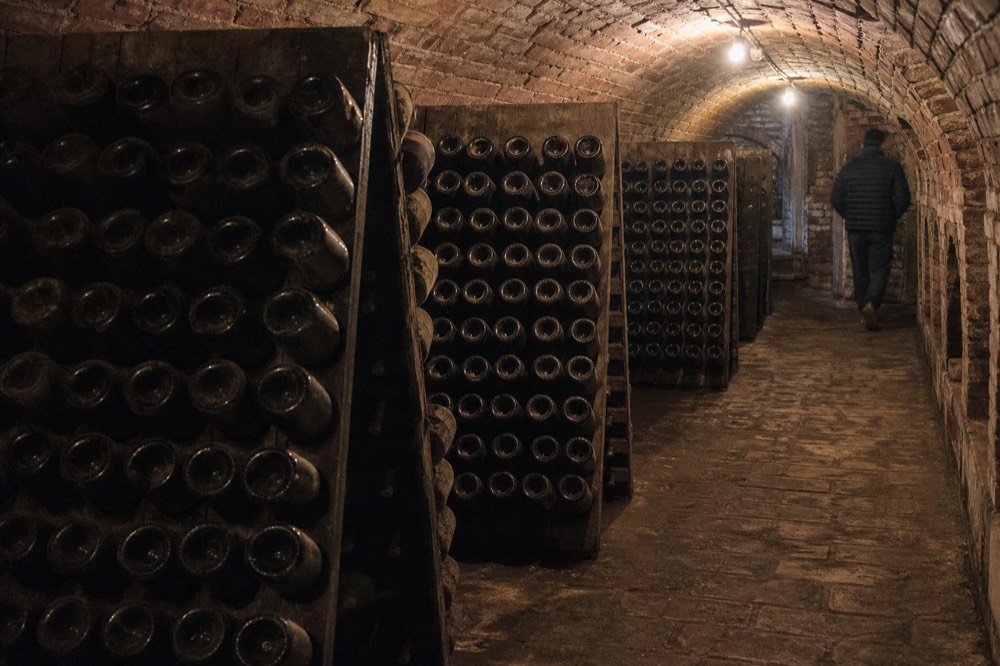 Barolo wine bottles in a traditional cellar.