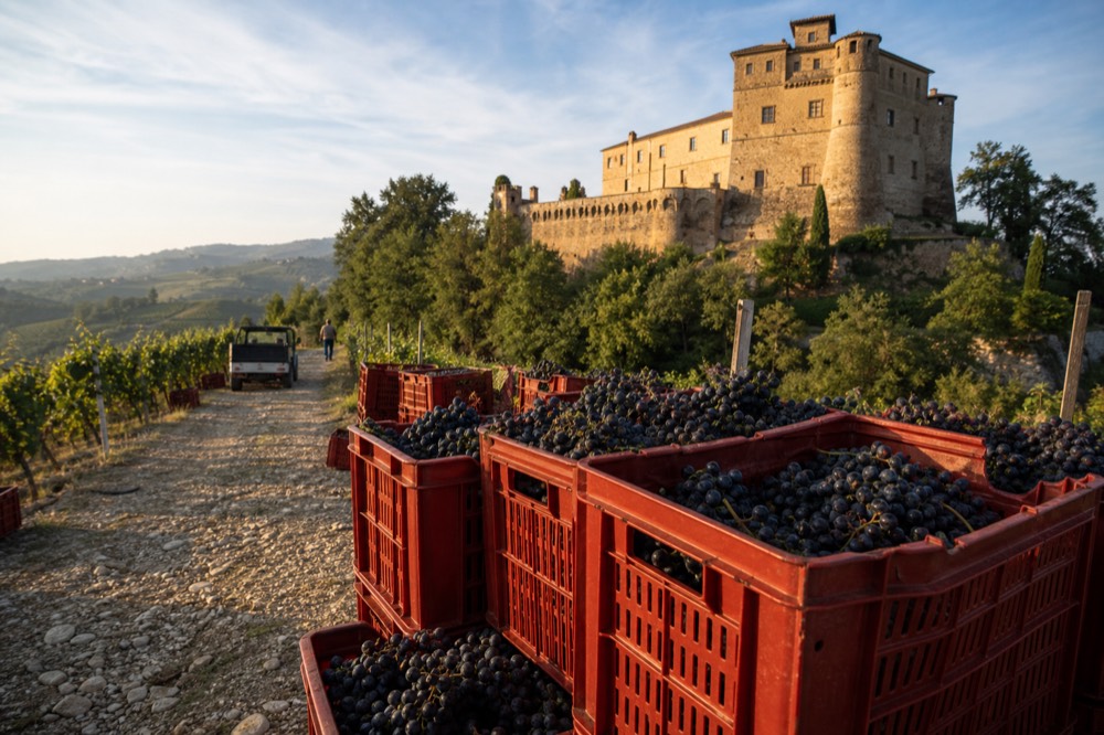 Crates of freshly picked Nebbiolo grapes on a Langhe hillside during harvest.