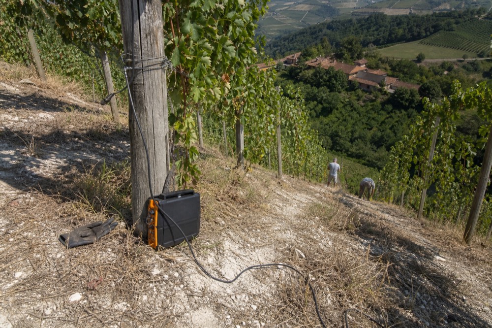 A hillside charging stop with an e-bike leaning against a vineyard post.