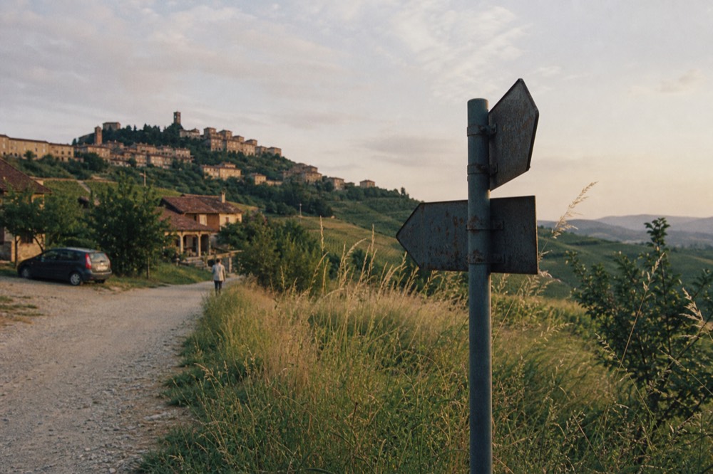 Road sign pointing to Barolo and La Morra among vineyards.