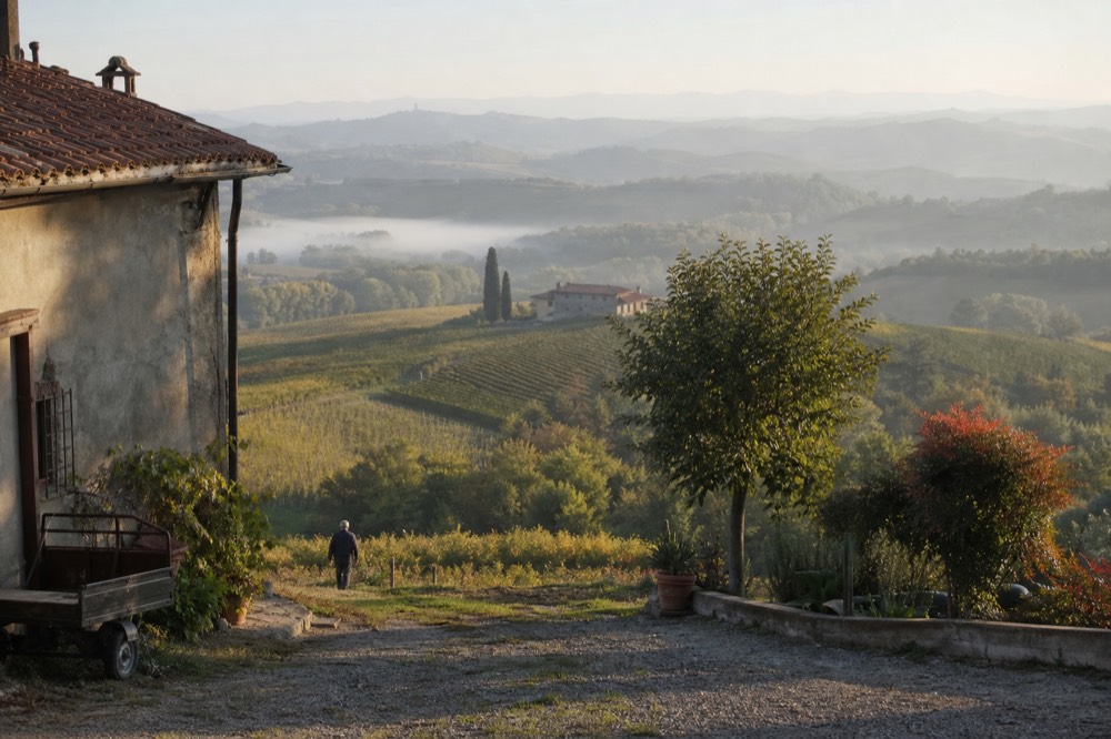 Rolling Langhe hills with vineyard rows giving way to patches of woodland under morning light.
