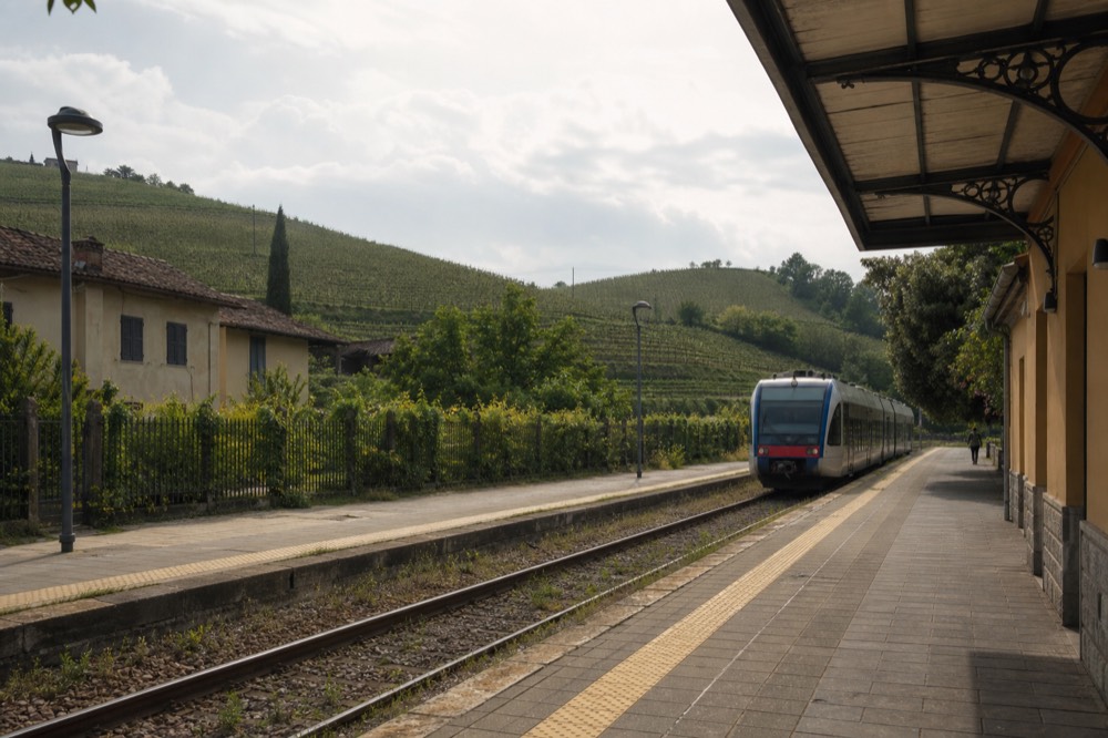 A regional train at a small Langhe station with vineyards behind.